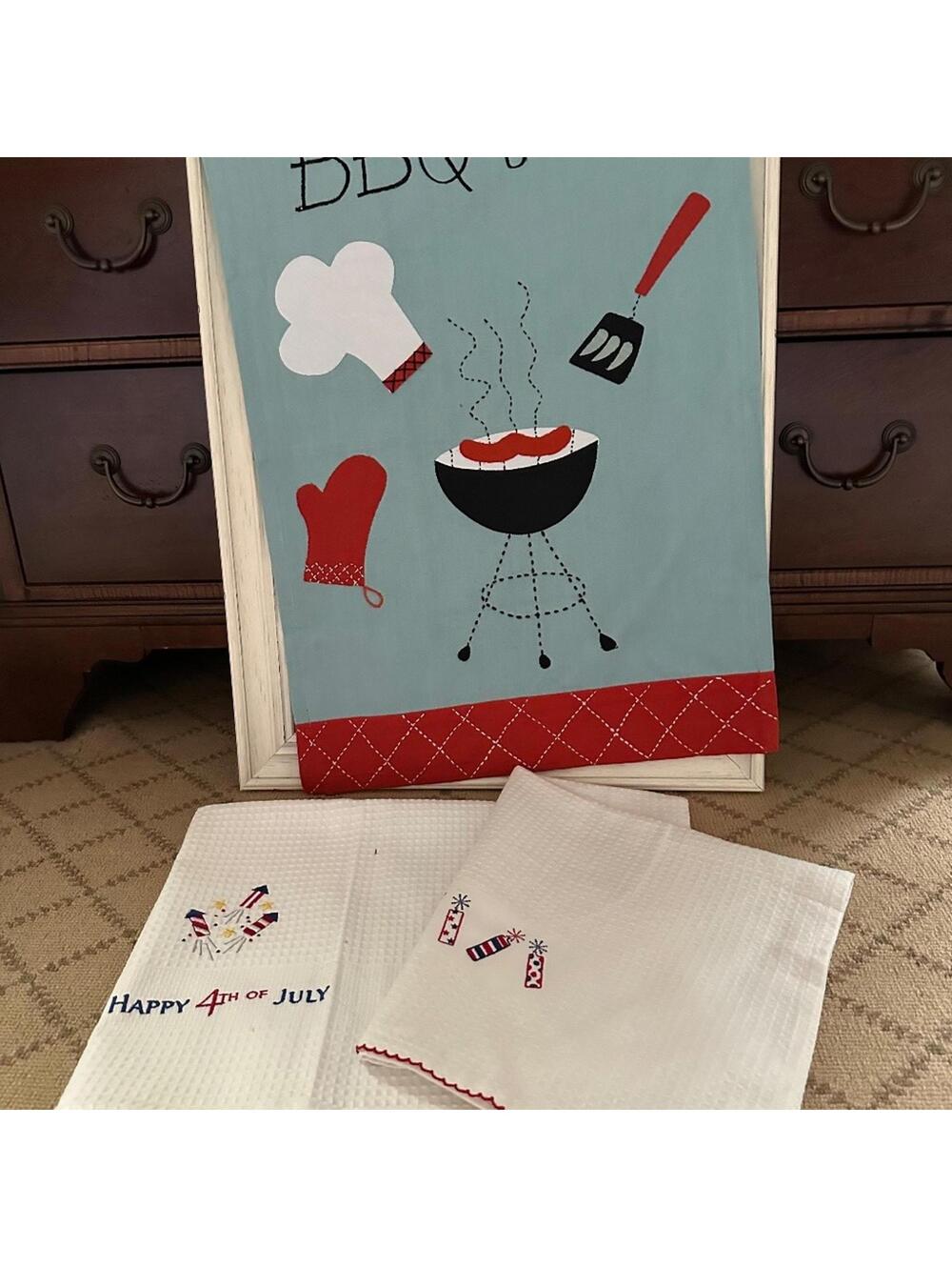 Vintage Sur La Table Embroidered Appliqué BBQ Time Towel w 2 firecracker towels